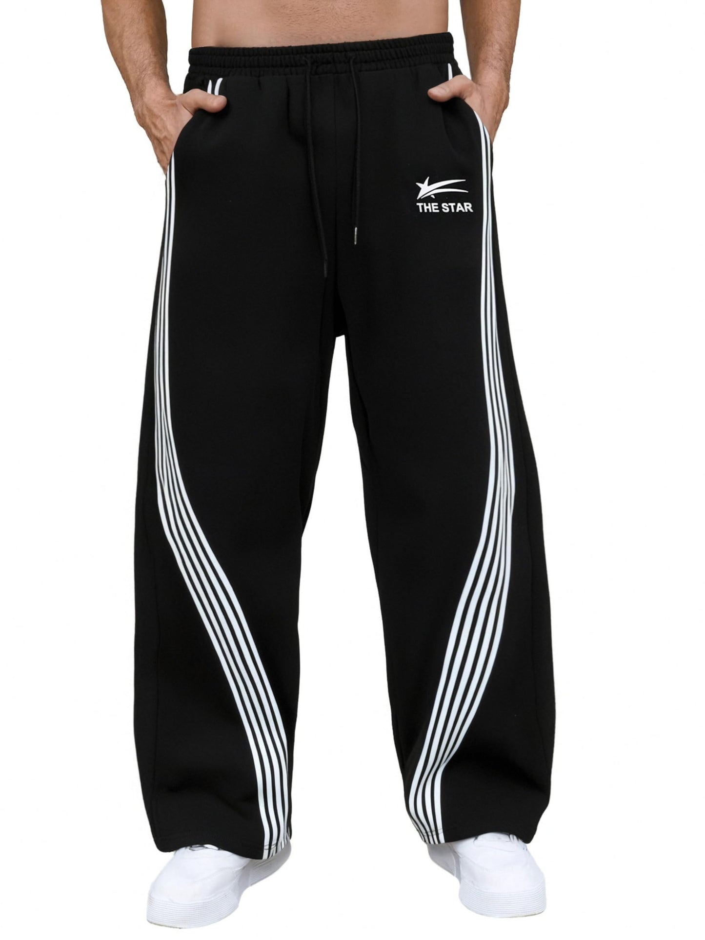 GORGLITTER Men's Baggy Wide Leg Sweatpants Y2K Striped Side Drawstring Waist Barrel Track Pants with Pockets