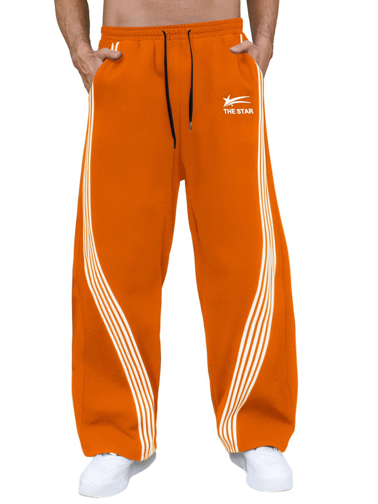 GORGLITTER Men's Baggy Wide Leg Sweatpants Y2K Striped Side Drawstring Waist Barrel Track Pants with Pockets