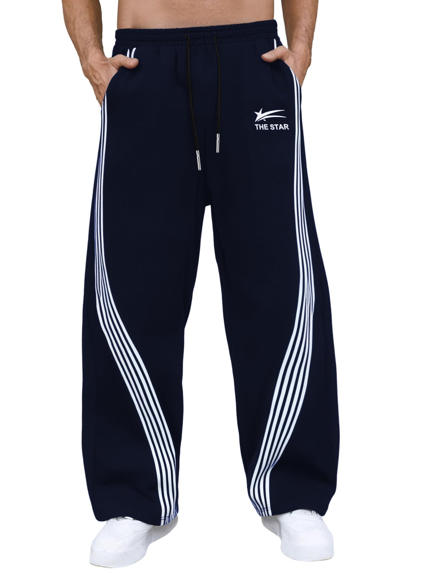 GORGLITTER Men's Baggy Wide Leg Sweatpants Y2K Striped Side Drawstring Waist Barrel Track Pants with Pockets