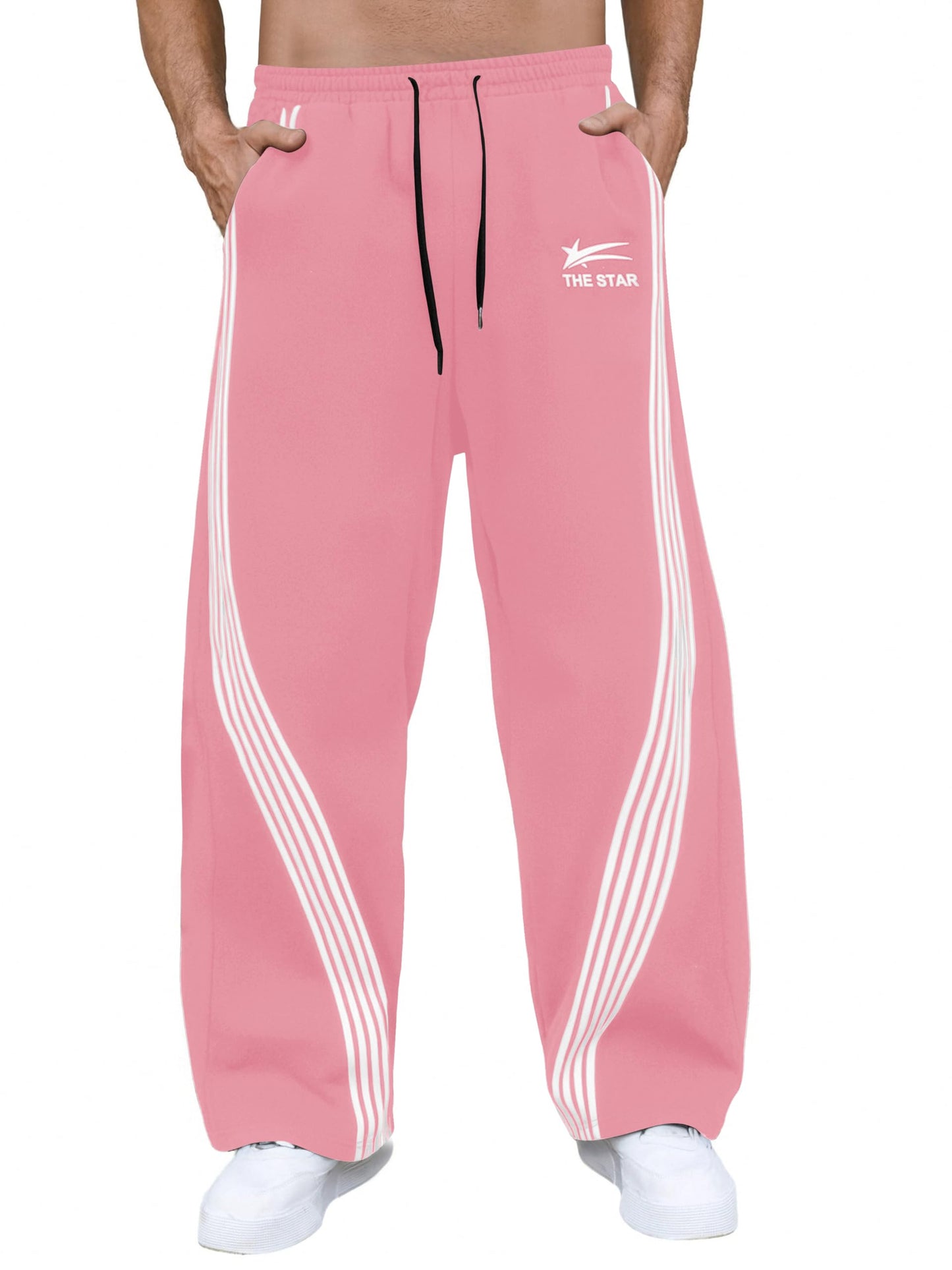 GORGLITTER Men's Baggy Wide Leg Sweatpants Y2K Striped Side Drawstring Waist Barrel Track Pants with Pockets