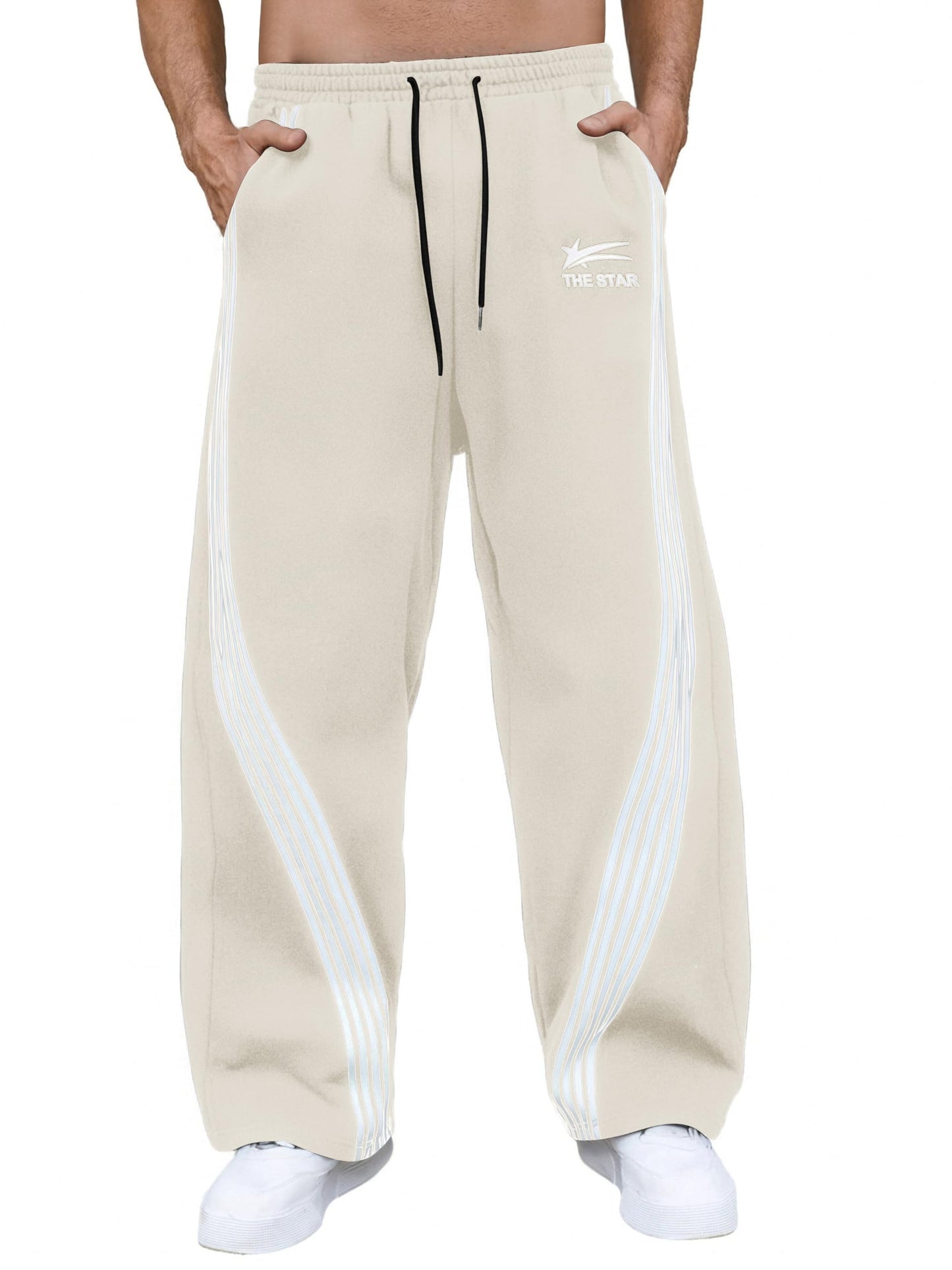 GORGLITTER Men's Baggy Wide Leg Sweatpants Y2K Striped Side Drawstring Waist Barrel Track Pants with Pockets