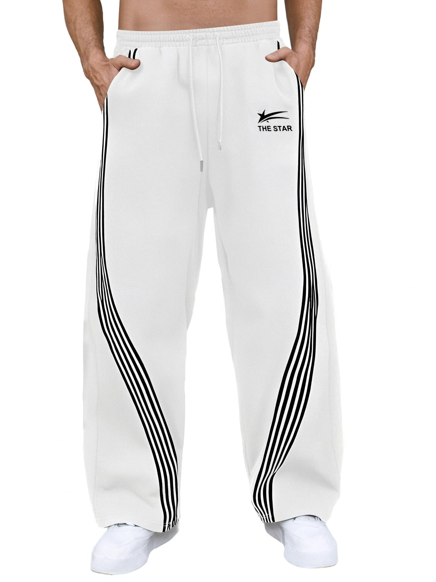 GORGLITTER Men's Baggy Wide Leg Sweatpants Y2K Striped Side Drawstring Waist Barrel Track Pants with Pockets