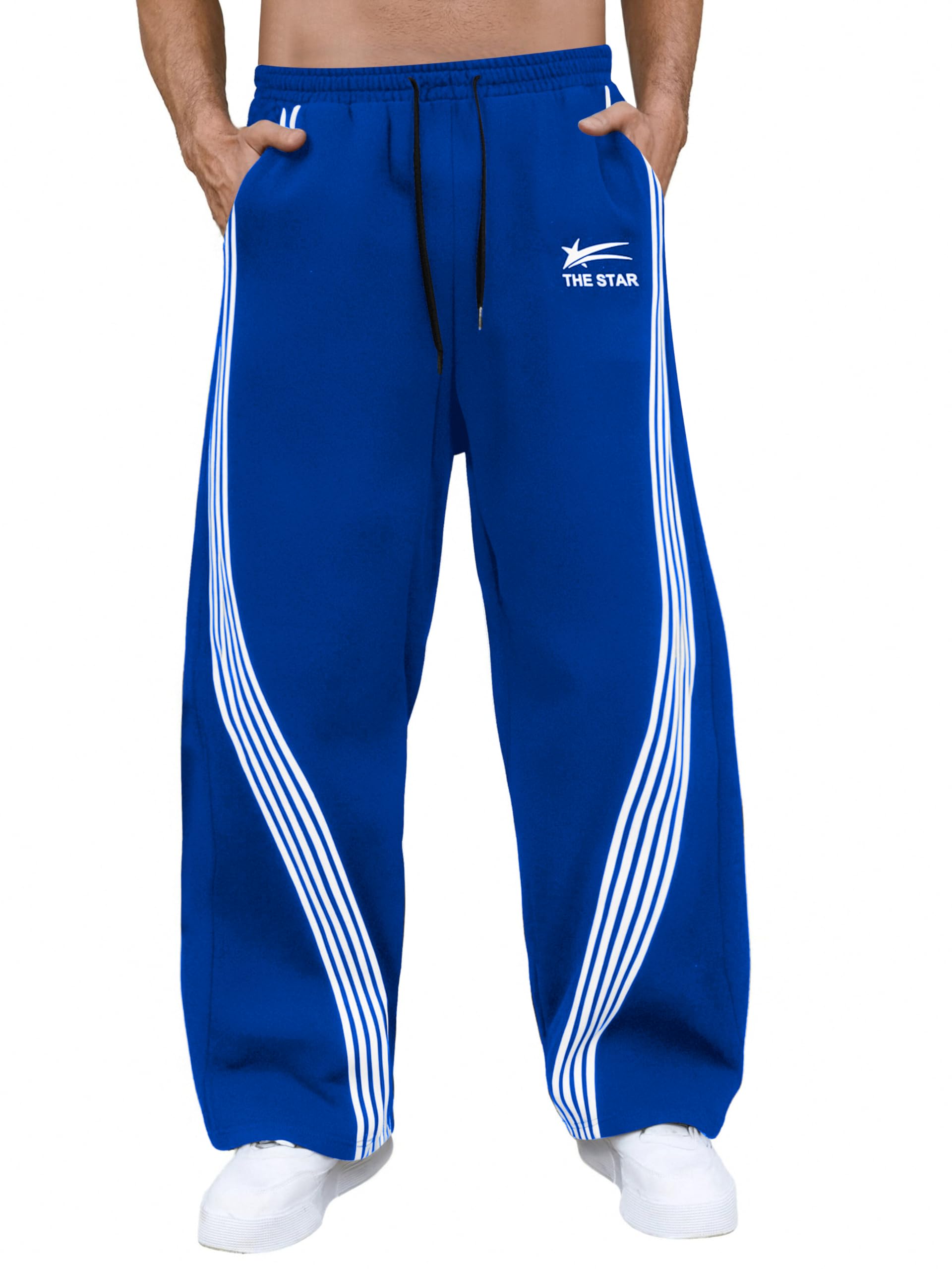 GORGLITTER Men's Baggy Wide Leg Sweatpants Y2K Striped Side Drawstring Waist Barrel Track Pants with Pockets