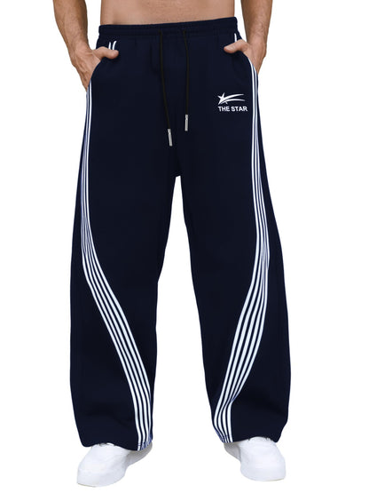 GORGLITTER Men's Baggy Wide Leg Sweatpants Y2K Striped Side Drawstring Waist Barrel Track Pants with Pockets