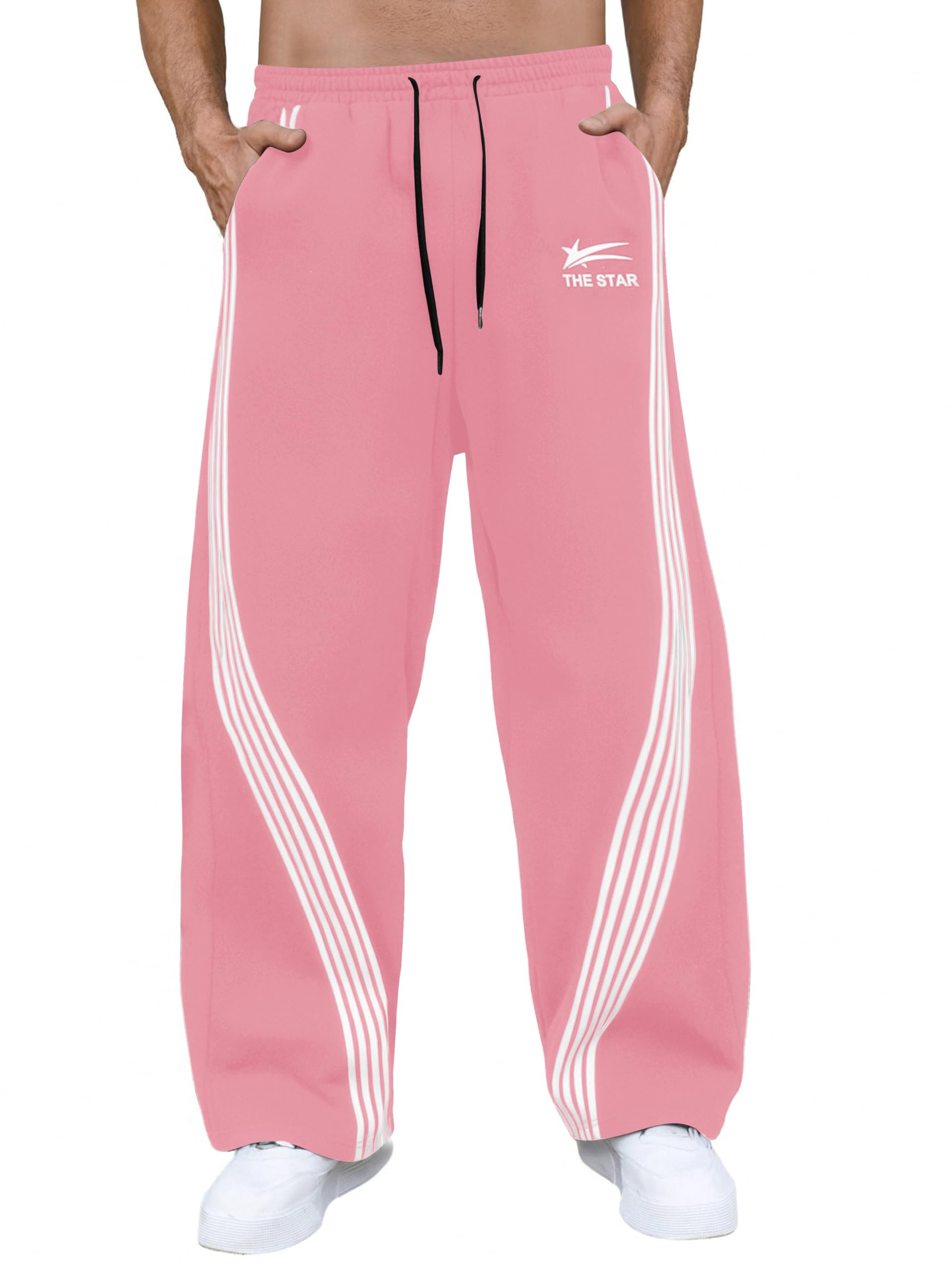 GORGLITTER Men's Baggy Wide Leg Sweatpants Y2K Striped Side Drawstring Waist Barrel Track Pants with Pockets
